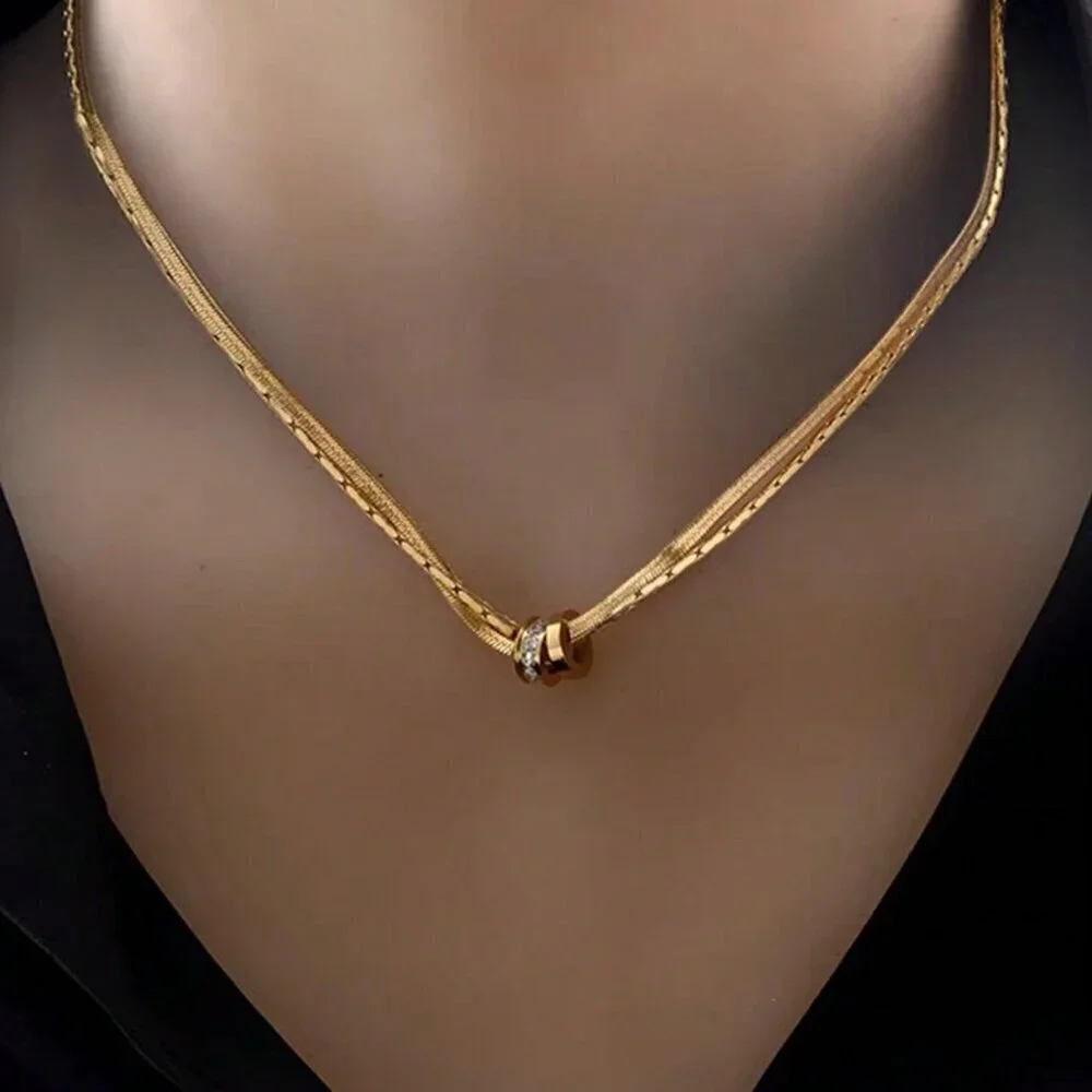 Silver Casual Women's Stainless Steel Round Cz Inlaid Double Layer Necklace
